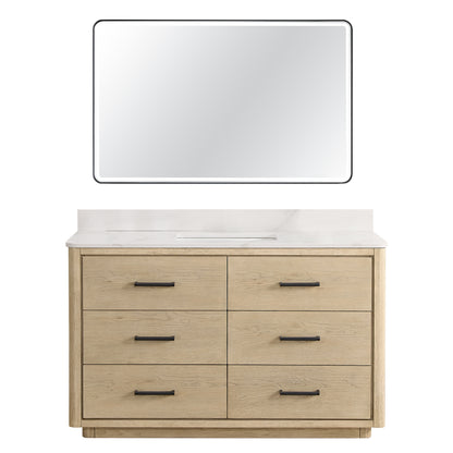 Vinnova, Porto 55" Free-standing Single Bath Vanity in Aged Natural Oak with Fish Maw White Quartz Stone Top and Mirror