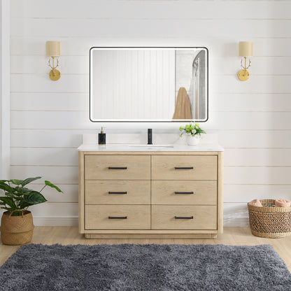 Vinnova, Porto 55" Free-standing Single Bath Vanity in Aged Natural Oak with Fish Maw White Quartz Stone Top and Mirror