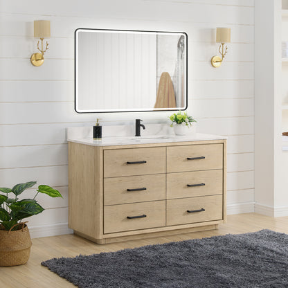 Vinnova, Porto 55" Free-standing Single Bath Vanity in Aged Natural Oak with Fish Maw White Quartz Stone Top and Mirror