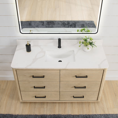 Vinnova, Porto 55" Free-standing Single Bath Vanity in Aged Natural Oak with Fish Maw White Quartz Stone Top and Mirror