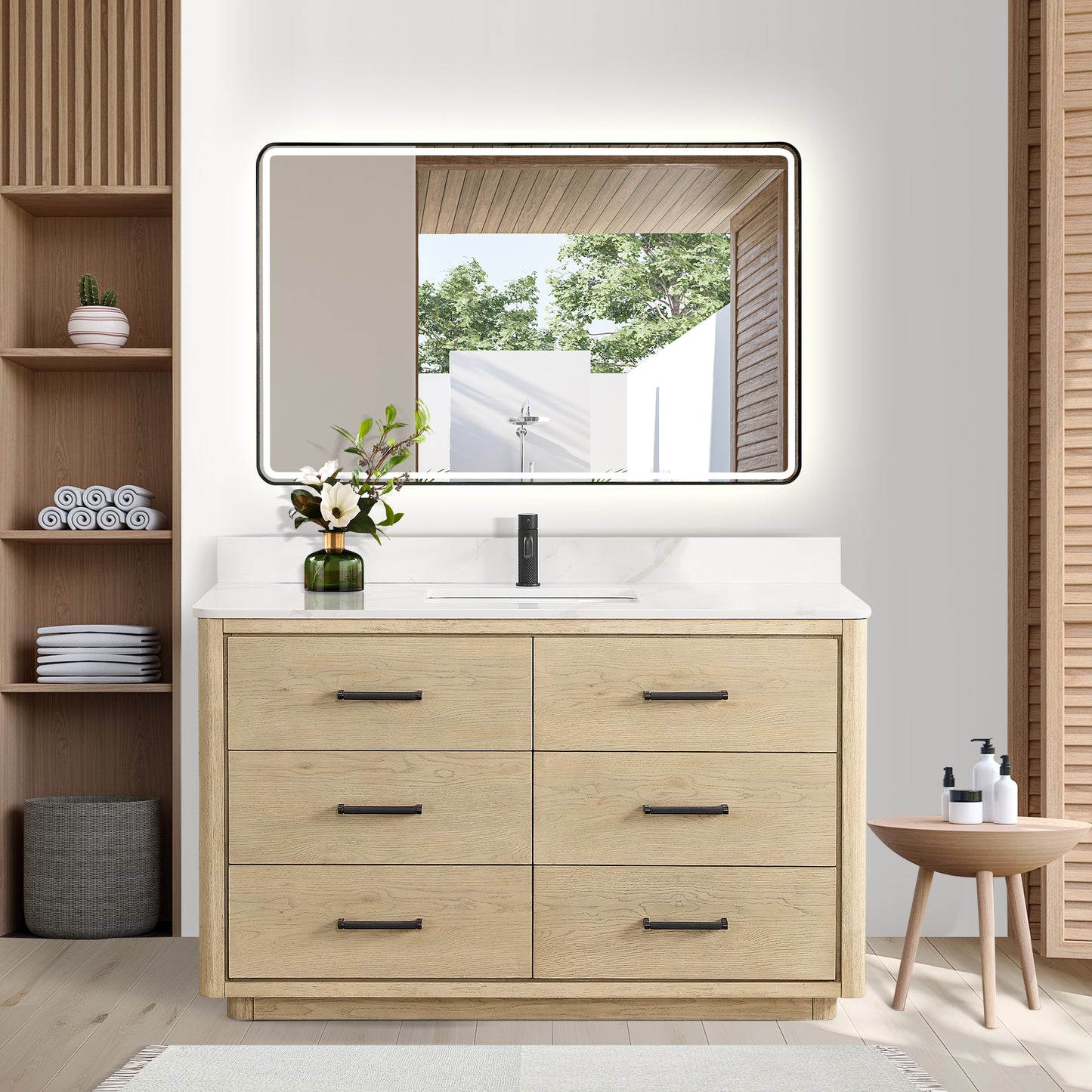 Vinnova, Porto 55" Free-standing Single Bath Vanity in Aged Natural Oak with Fish Maw White Quartz Stone Top and Mirror