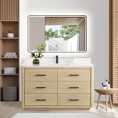Vinnova, Porto 55" Free-standing Single Bath Vanity in Aged Natural Oak with Fish Maw White Quartz Stone Top and Mirror