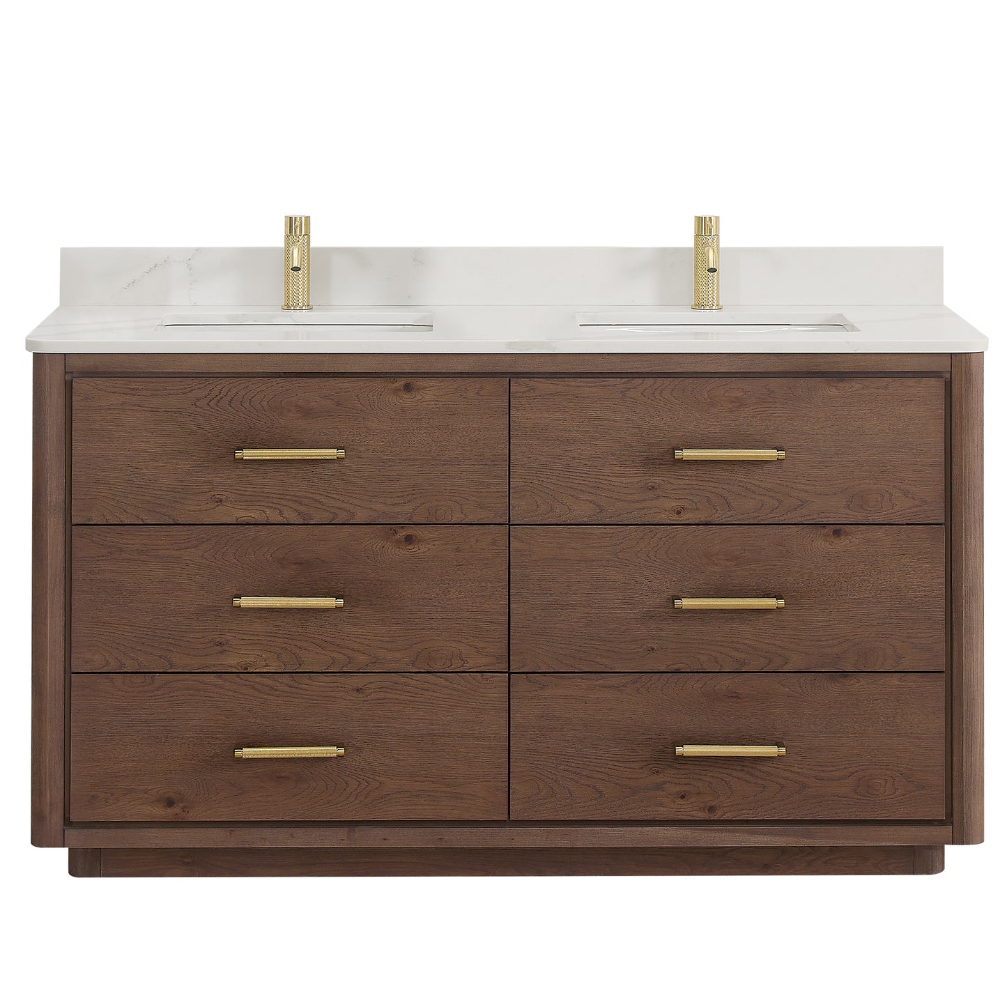 Vinnova, Porto 60M" Free-standing Double Bath Vanity in Aged Dark Brown Oak with Fish Maw White Quartz Stone Top