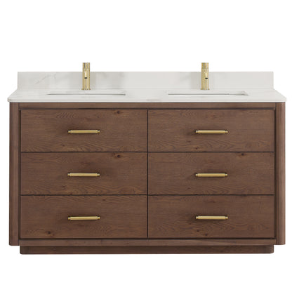 Vinnova, Porto 60M" Free-standing Double Bath Vanity in Aged Dark Brown Oak with Fish Maw White Quartz Stone Top