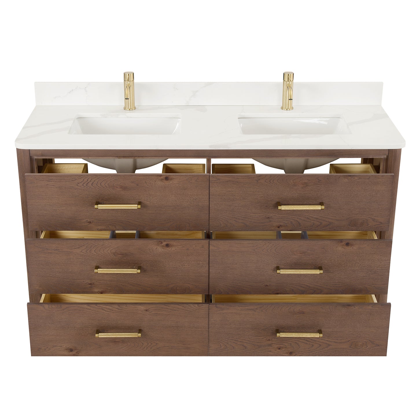 Vinnova, Porto 60M" Free-standing Double Bath Vanity in Aged Dark Brown Oak with Fish Maw White Quartz Stone Top