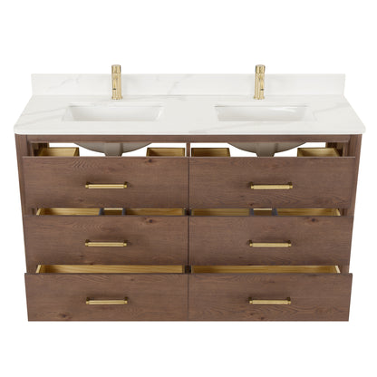 Vinnova, Porto 60M" Free-standing Double Bath Vanity in Aged Dark Brown Oak with Fish Maw White Quartz Stone Top
