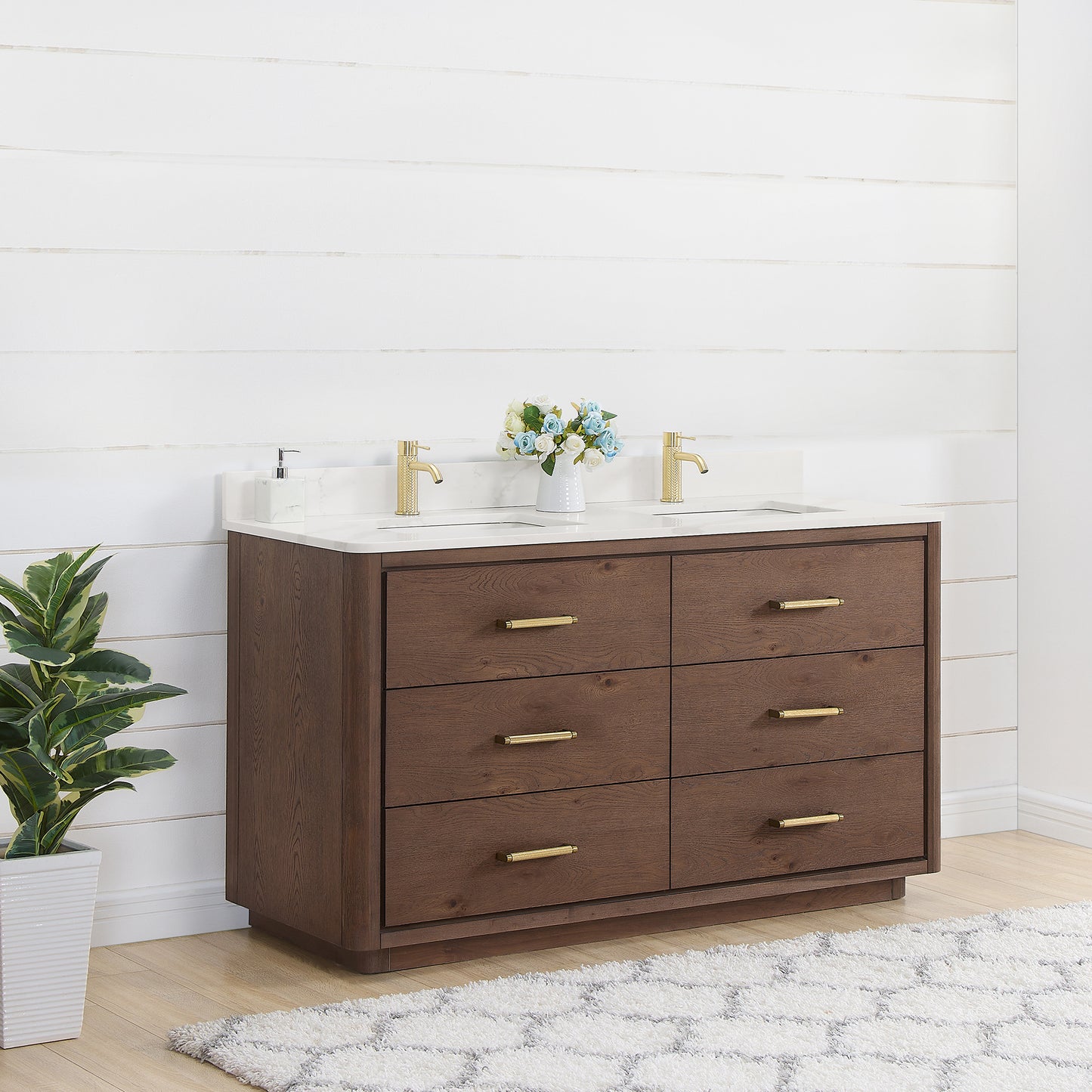 Vinnova, Porto 60M" Free-standing Double Bath Vanity in Aged Dark Brown Oak with Fish Maw White Quartz Stone Top