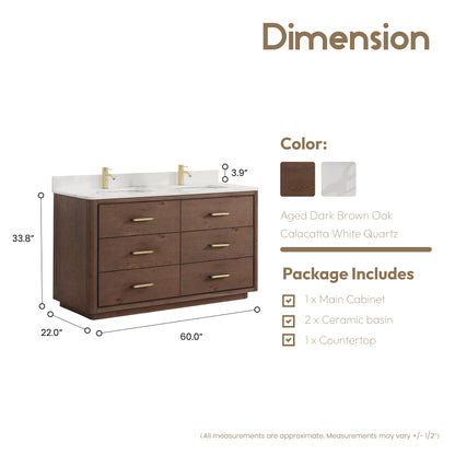 Vinnova, Porto 60M" Free-standing Double Bath Vanity in Aged Dark Brown Oak with Fish Maw White Quartz Stone Top