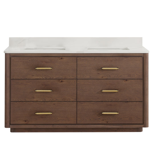 Vinnova, Porto 60M" Free-standing Double Bath Vanity in Aged Dark Brown Oak with Fish Maw White Quartz Stone Top