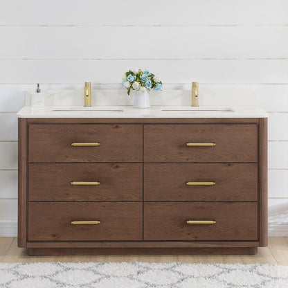 Vinnova, Porto 60M" Free-standing Double Bath Vanity in Aged Dark Brown Oak with Fish Maw White Quartz Stone Top