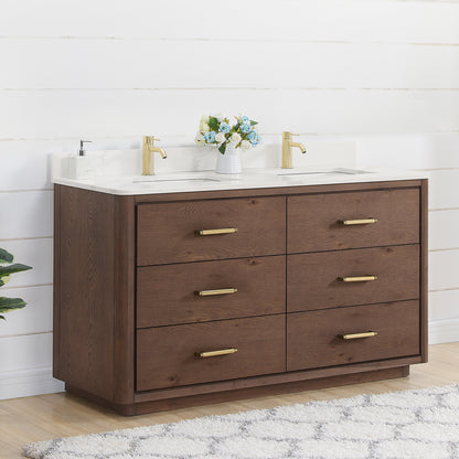 Vinnova, Porto 60M" Free-standing Double Bath Vanity in Aged Dark Brown Oak with Fish Maw White Quartz Stone Top