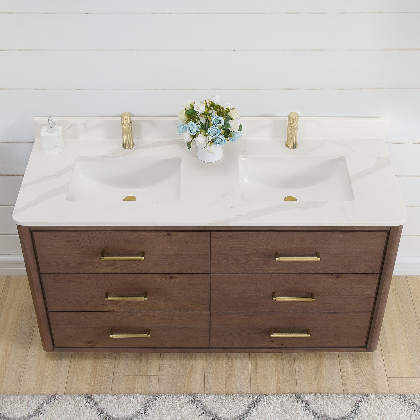 Vinnova, Porto 60M" Free-standing Double Bath Vanity in Aged Dark Brown Oak with Fish Maw White Quartz Stone Top