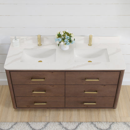 Vinnova, Porto 60M" Free-standing Double Bath Vanity in Aged Dark Brown Oak with Fish Maw White Quartz Stone Top