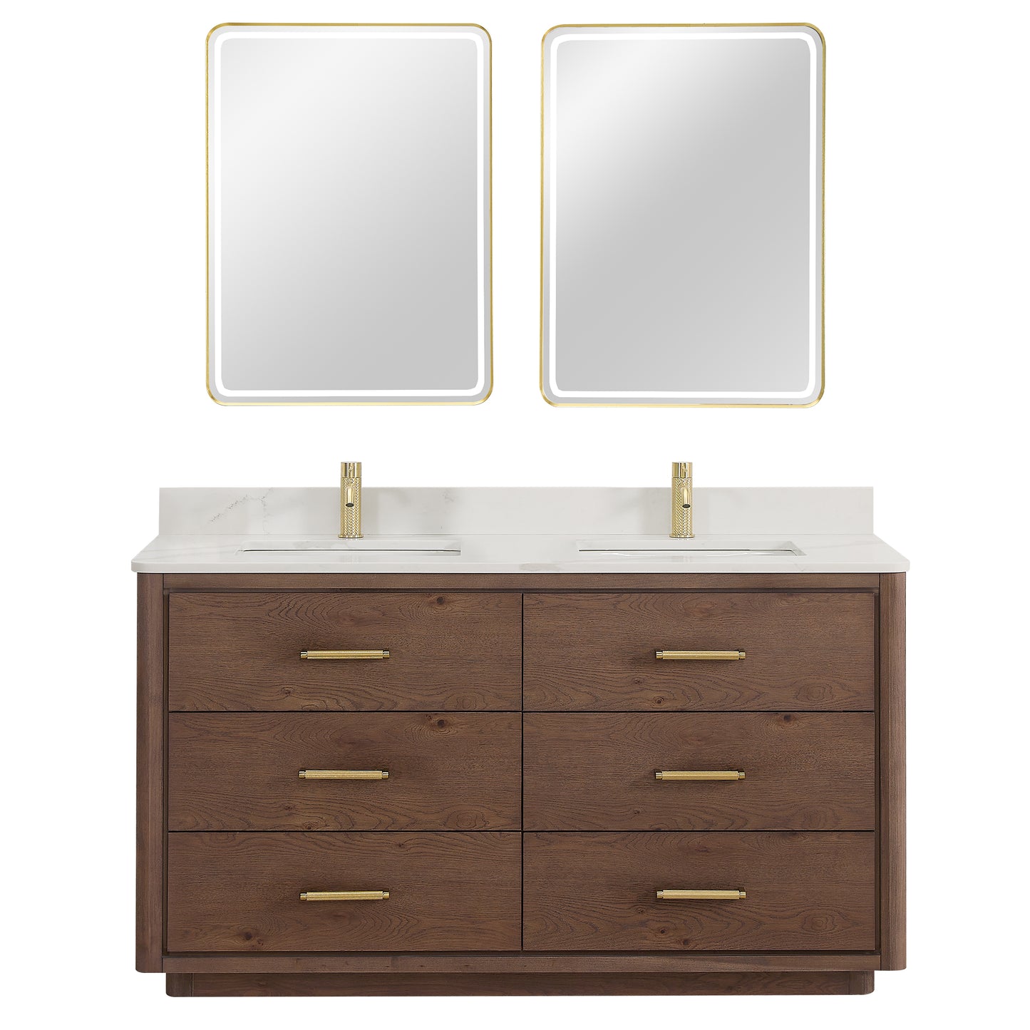 Vinnova, Porto 60M" Free-standing Double Bath Vanity in Aged Dark Brown Oak with Fish Maw White Quartz Stone Top and Mirror