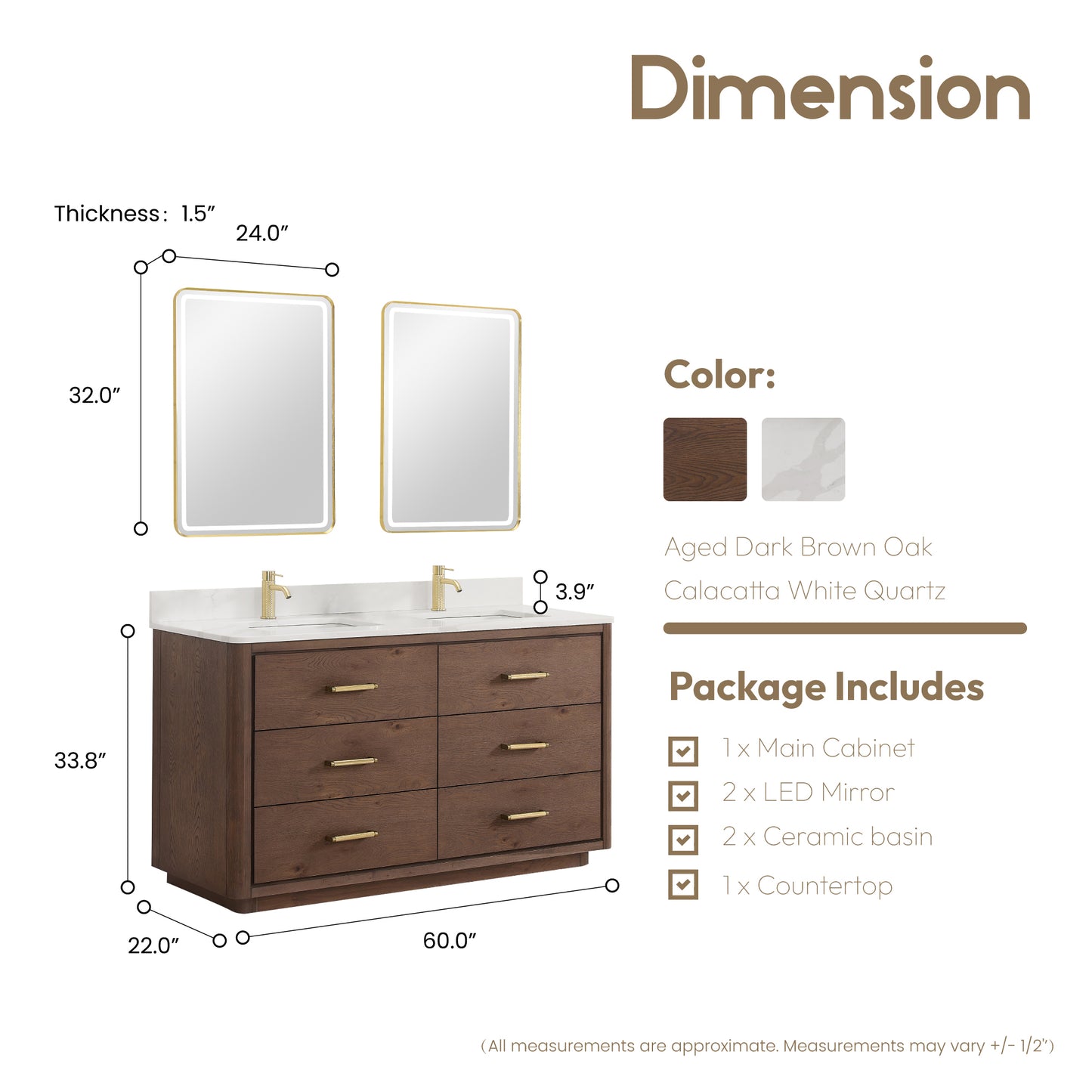 Vinnova, Porto 60M" Free-standing Double Bath Vanity in Aged Dark Brown Oak with Fish Maw White Quartz Stone Top and Mirror