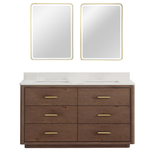 Vinnova, Porto 60M" Free-standing Double Bath Vanity in Aged Dark Brown Oak with Fish Maw White Quartz Stone Top and Mirror
