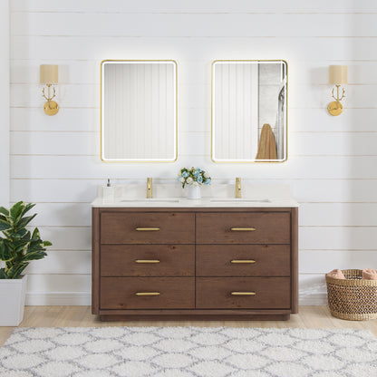 Vinnova, Porto 60M" Free-standing Double Bath Vanity in Aged Dark Brown Oak with Fish Maw White Quartz Stone Top and Mirror