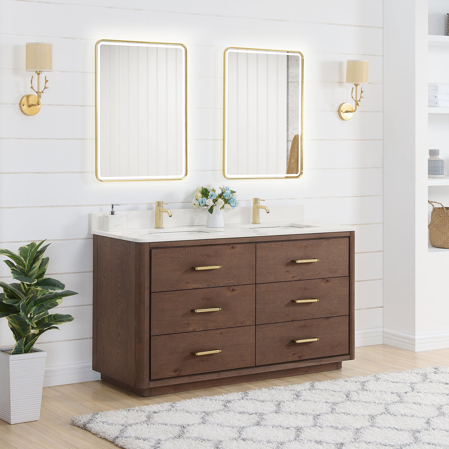 Vinnova, Porto 60M" Free-standing Double Bath Vanity in Aged Dark Brown Oak with Fish Maw White Quartz Stone Top and Mirror