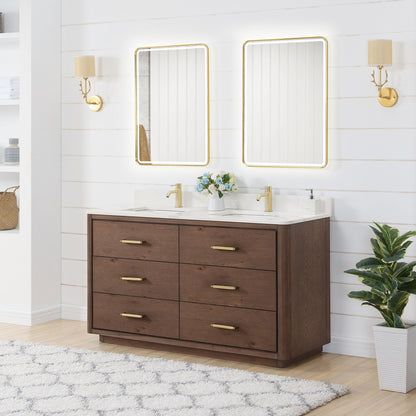Vinnova, Porto 60M" Free-standing Double Bath Vanity in Aged Dark Brown Oak with Fish Maw White Quartz Stone Top and Mirror