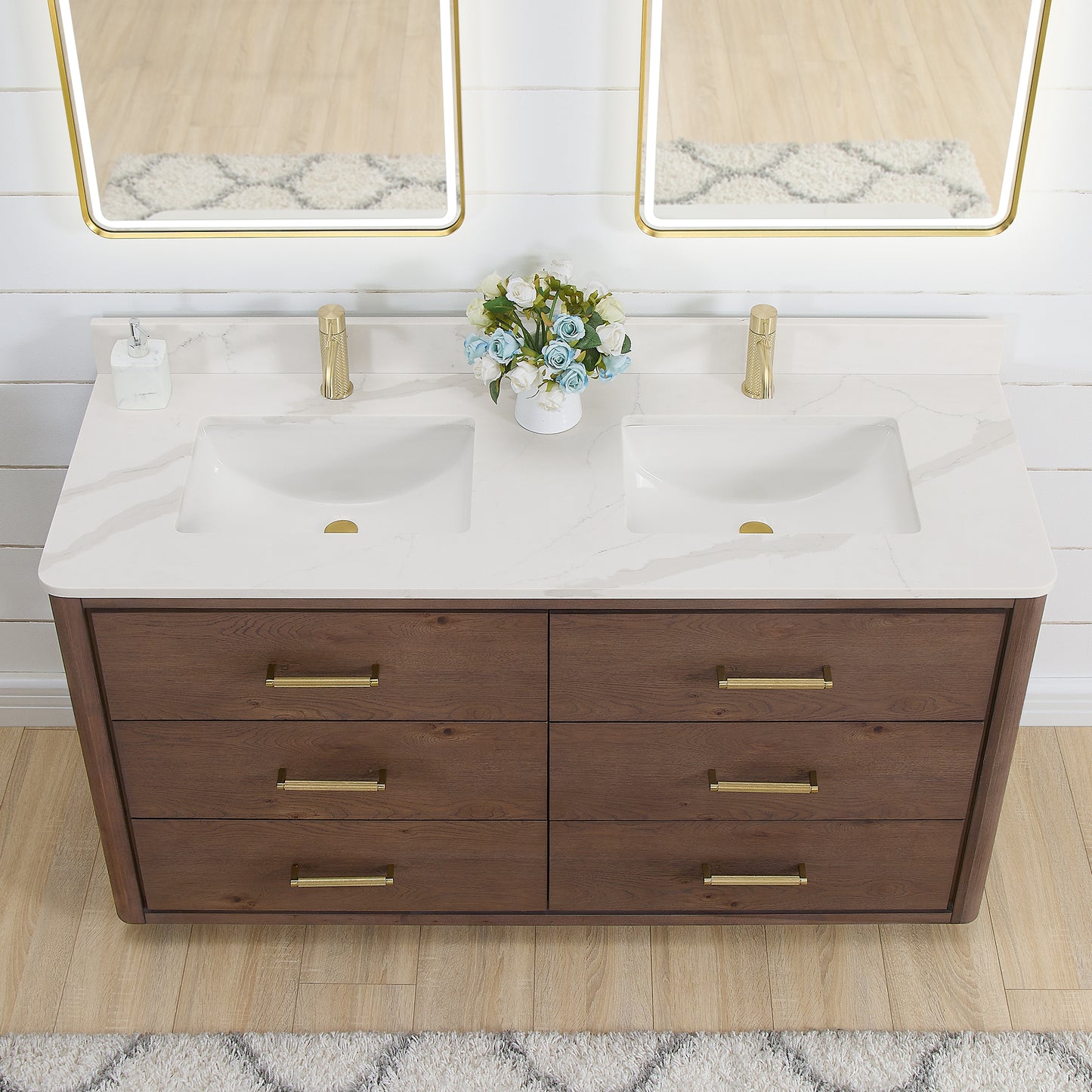 Vinnova, Porto 60M" Free-standing Double Bath Vanity in Aged Dark Brown Oak with Fish Maw White Quartz Stone Top and Mirror