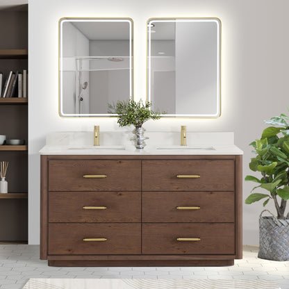 Vinnova, Porto 60M" Free-standing Double Bath Vanity in Aged Dark Brown Oak with Fish Maw White Quartz Stone Top and Mirror