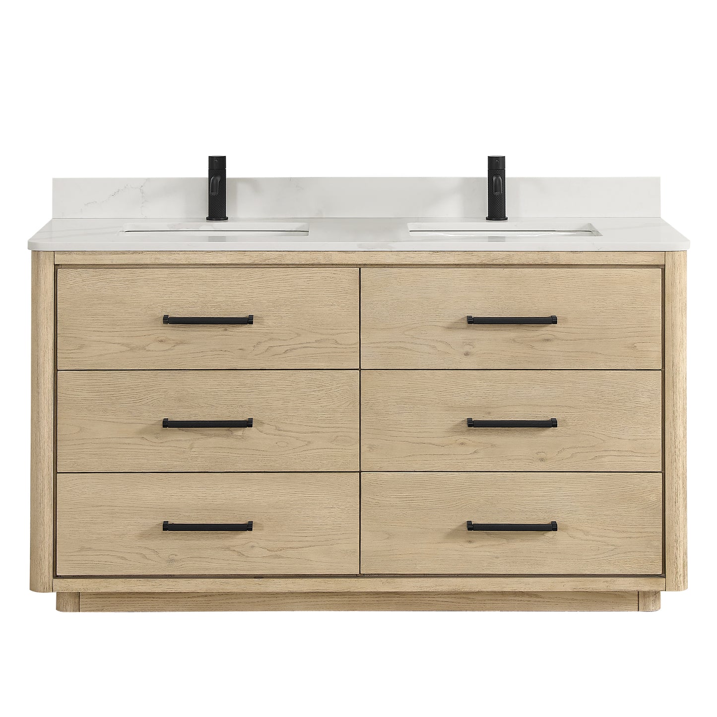 Vinnova, Porto 60M" Free-standing Double Bath Vanity in Aged Natural Oak with Fish Maw White Quartz Stone Top