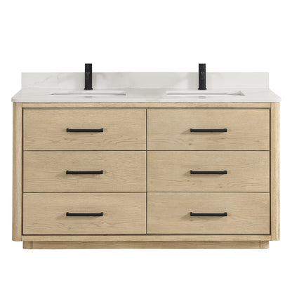Vinnova, Porto 60M" Free-standing Double Bath Vanity in Aged Natural Oak with Fish Maw White Quartz Stone Top