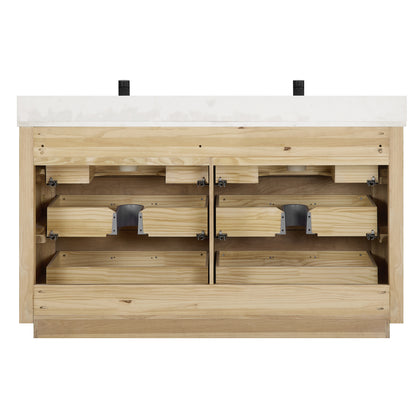 Vinnova, Porto 60M" Free-standing Double Bath Vanity in Aged Natural Oak with Fish Maw White Quartz Stone Top