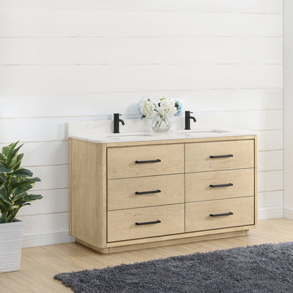 Vinnova, Porto 60M" Free-standing Double Bath Vanity in Aged Natural Oak with Fish Maw White Quartz Stone Top
