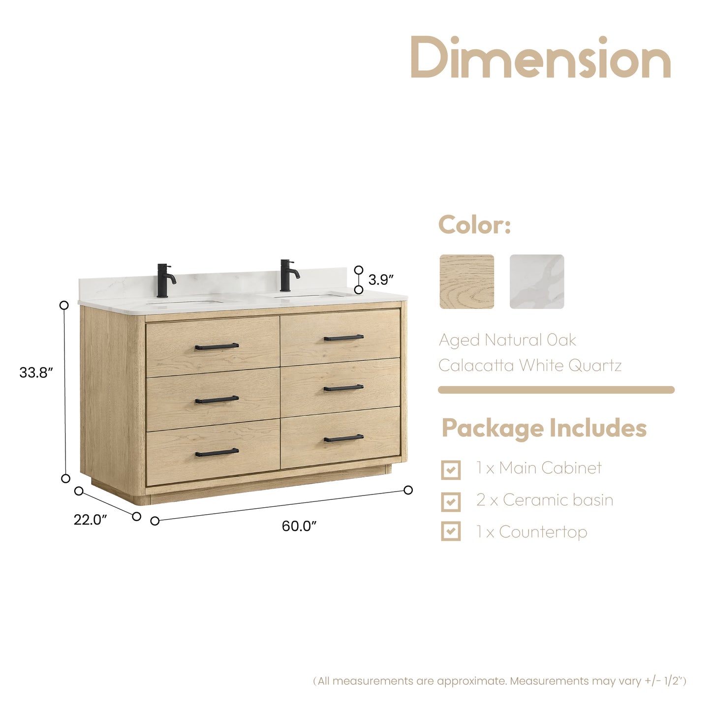 Vinnova, Porto 60M" Free-standing Double Bath Vanity in Aged Natural Oak with Fish Maw White Quartz Stone Top