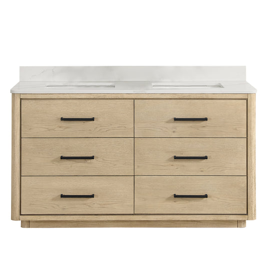 Vinnova, Porto 60M" Free-standing Double Bath Vanity in Aged Natural Oak with Fish Maw White Quartz Stone Top