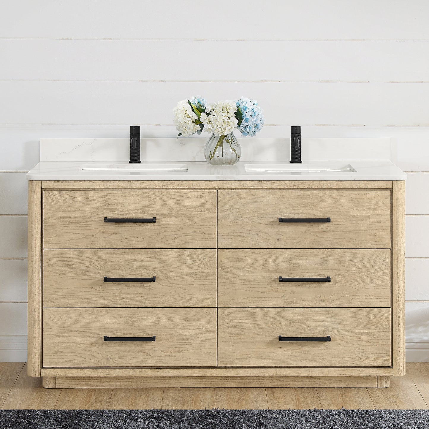 Vinnova, Porto 60M" Free-standing Double Bath Vanity in Aged Natural Oak with Fish Maw White Quartz Stone Top
