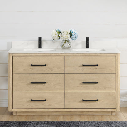 Vinnova, Porto 60M" Free-standing Double Bath Vanity in Aged Natural Oak with Fish Maw White Quartz Stone Top