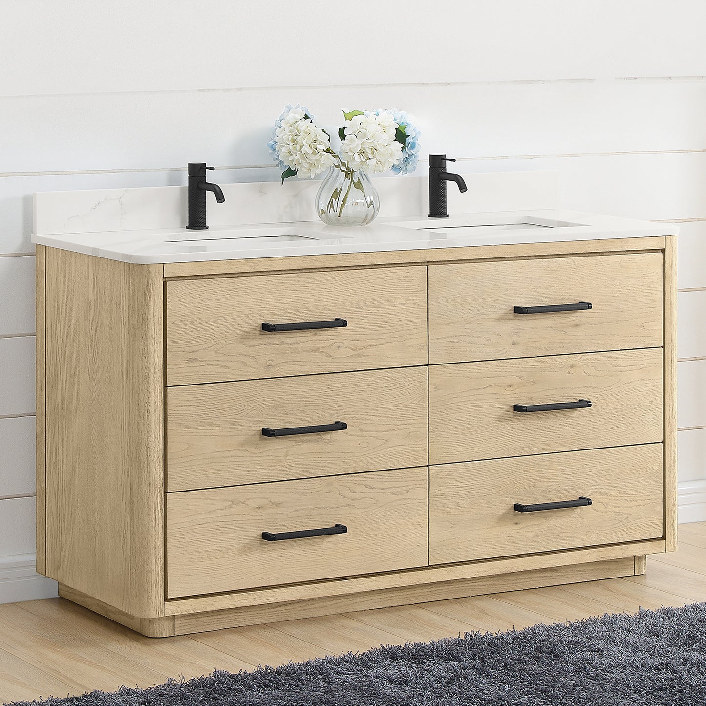 Vinnova, Porto 60M" Free-standing Double Bath Vanity in Aged Natural Oak with Fish Maw White Quartz Stone Top