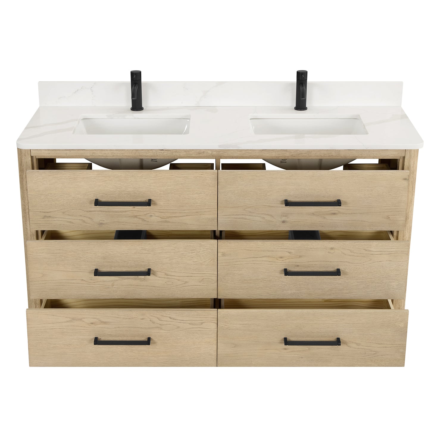Vinnova, Porto 60M" Free-standing Double Bath Vanity in Aged Natural Oak with Fish Maw White Quartz Stone Top and Mirror