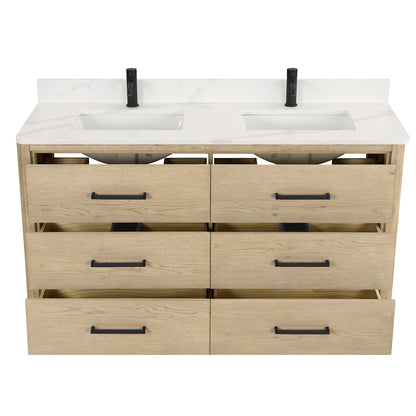 Vinnova, Porto 60M" Free-standing Double Bath Vanity in Aged Natural Oak with Fish Maw White Quartz Stone Top and Mirror