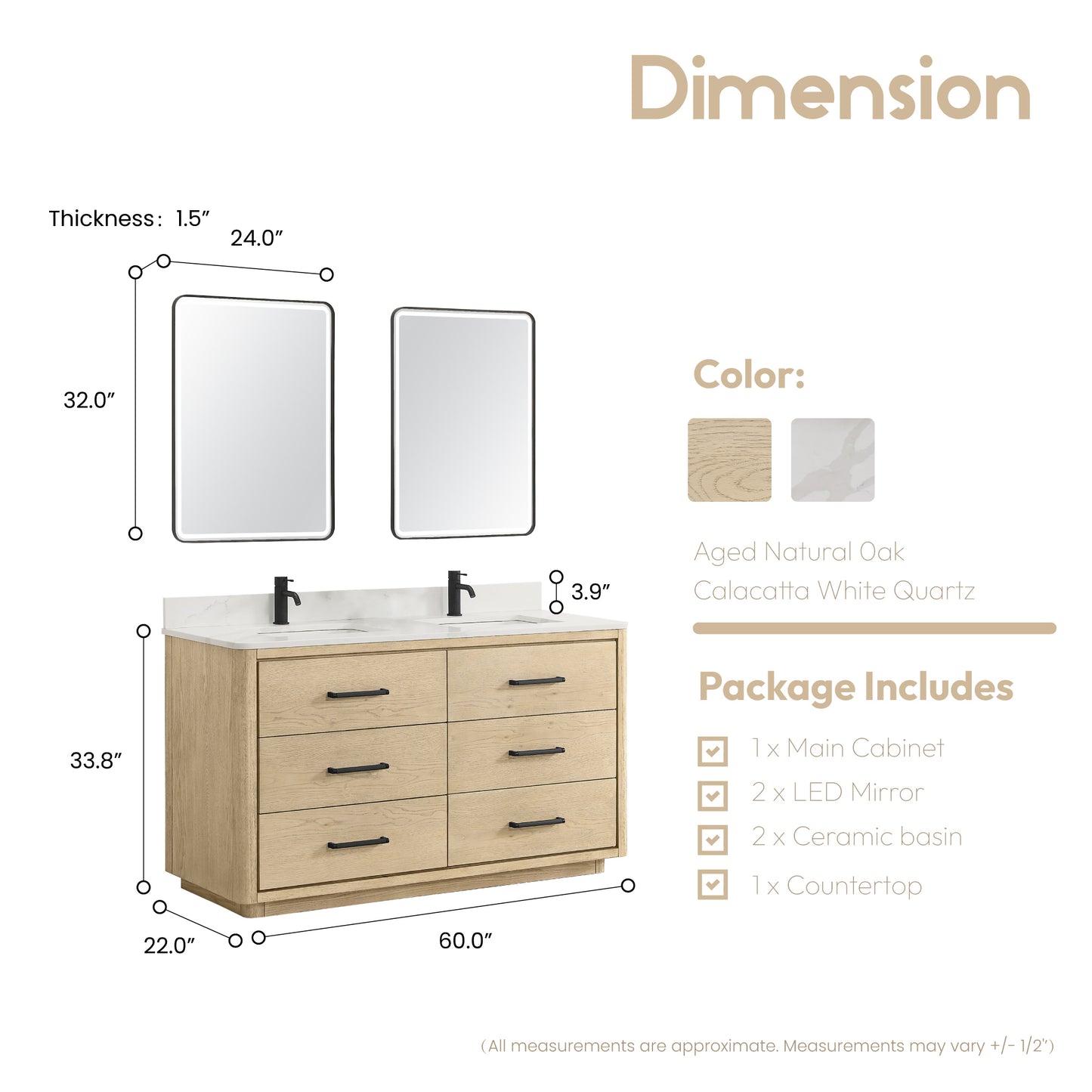 Vinnova, Porto 60M" Free-standing Double Bath Vanity in Aged Natural Oak with Fish Maw White Quartz Stone Top and Mirror