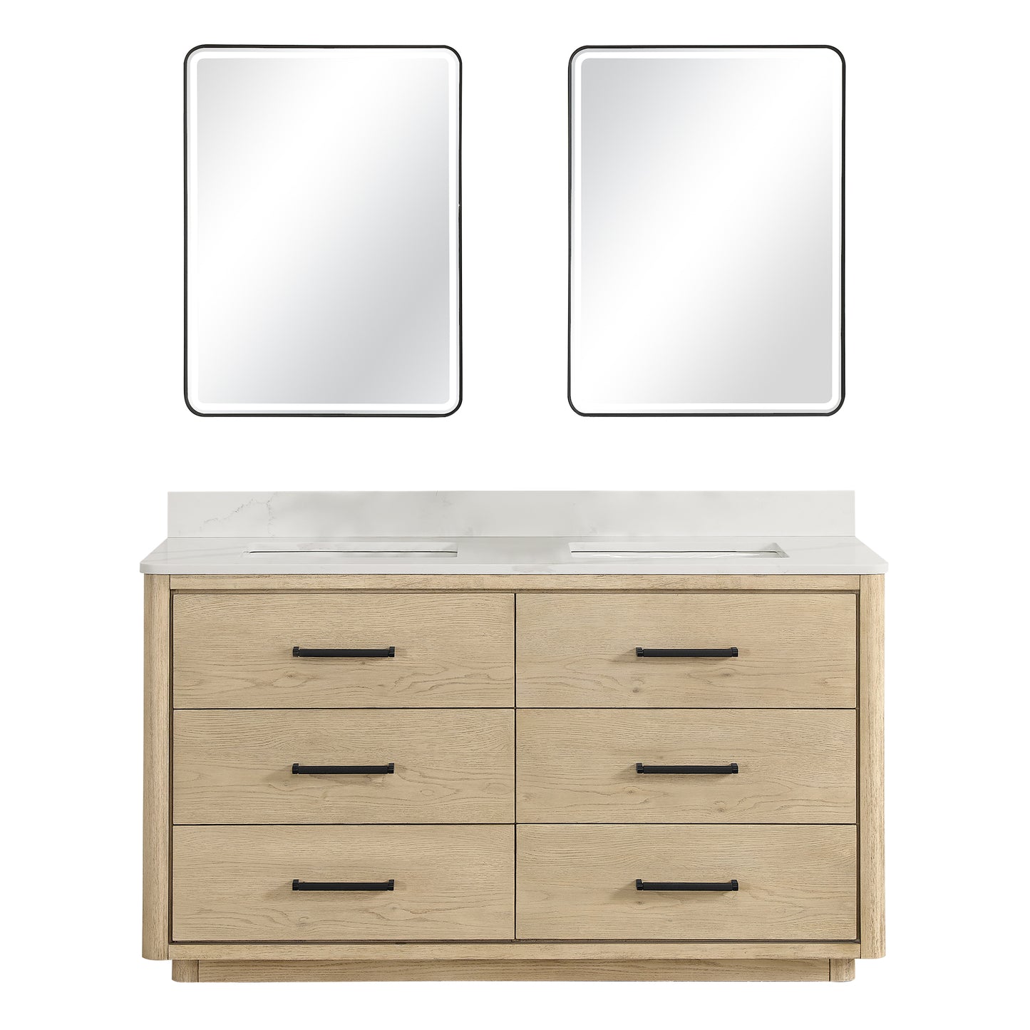 Vinnova, Porto 60M" Free-standing Double Bath Vanity in Aged Natural Oak with Fish Maw White Quartz Stone Top and Mirror