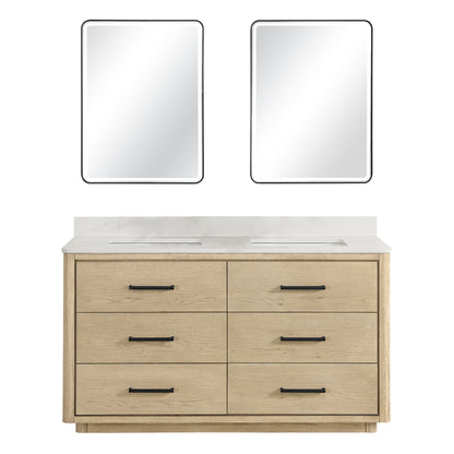 Vinnova, Porto 60M" Free-standing Double Bath Vanity in Aged Natural Oak with Fish Maw White Quartz Stone Top and Mirror