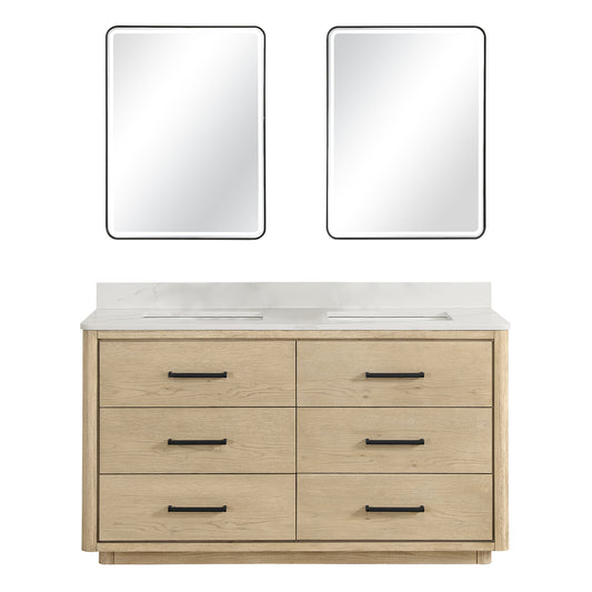 Vinnova, Porto 60M" Free-standing Double Bath Vanity in Aged Natural Oak with Fish Maw White Quartz Stone Top and Mirror