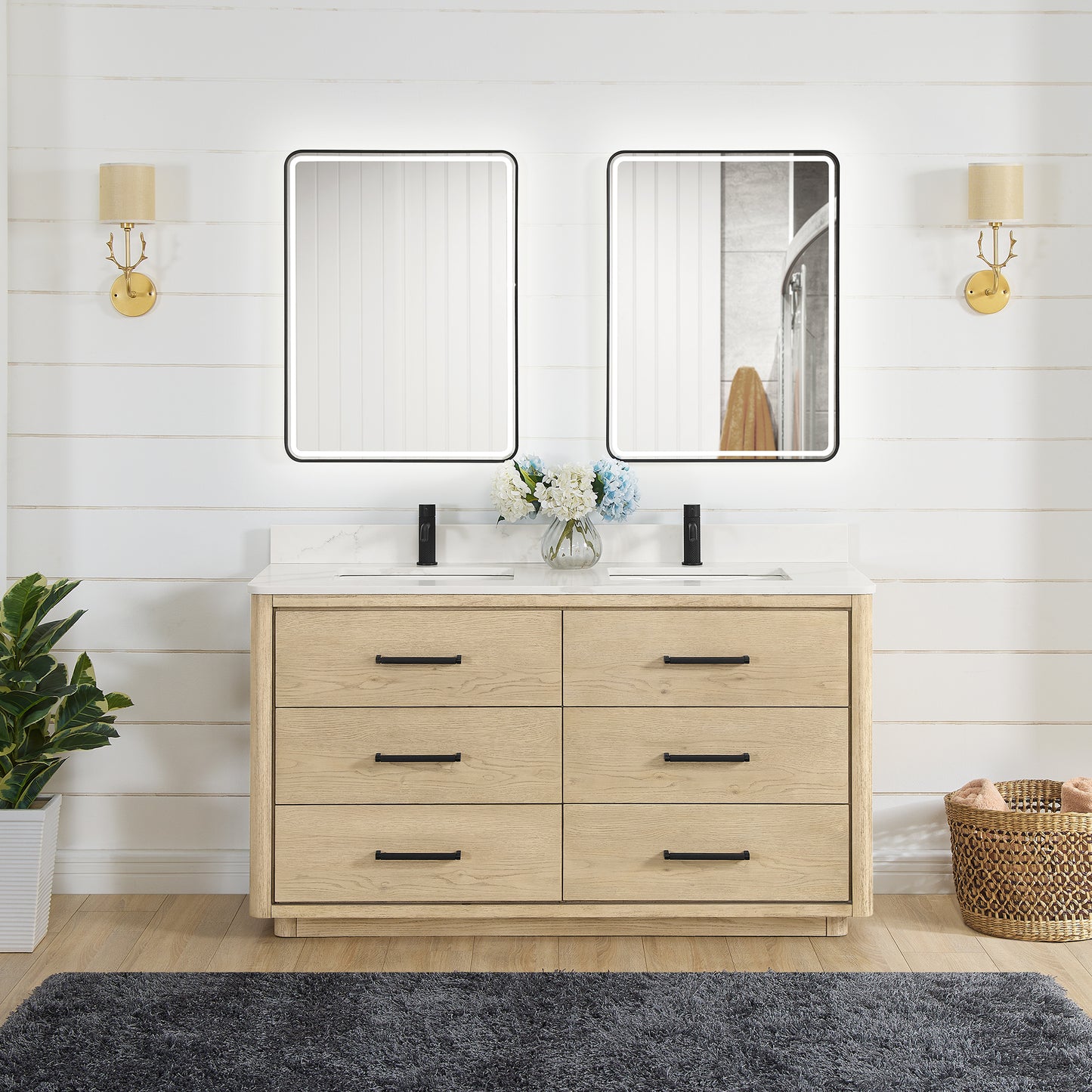 Vinnova, Porto 60M" Free-standing Double Bath Vanity in Aged Natural Oak with Fish Maw White Quartz Stone Top and Mirror