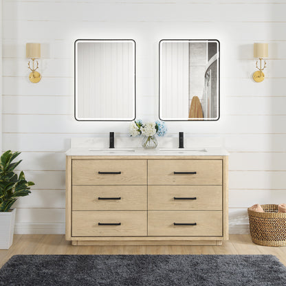 Vinnova, Porto 60M" Free-standing Double Bath Vanity in Aged Natural Oak with Fish Maw White Quartz Stone Top and Mirror