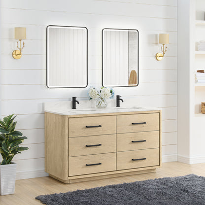 Vinnova, Porto 60M" Free-standing Double Bath Vanity in Aged Natural Oak with Fish Maw White Quartz Stone Top and Mirror