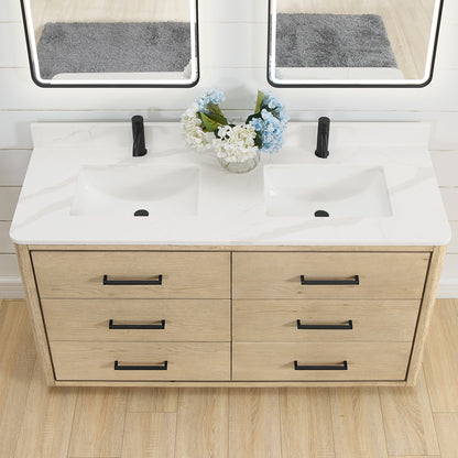 Vinnova, Porto 60M" Free-standing Double Bath Vanity in Aged Natural Oak with Fish Maw White Quartz Stone Top and Mirror