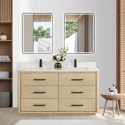 Vinnova, Porto 60M" Free-standing Double Bath Vanity in Aged Natural Oak with Fish Maw White Quartz Stone Top and Mirror
