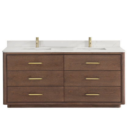 Vinnova, Porto 72" Free-standing Double Bath Vanity in Aged Dark Brown Oak with Fish Maw White Quartz Stone Top
