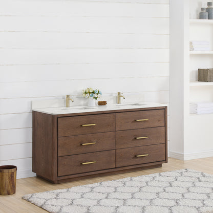 Vinnova, Porto 72" Free-standing Double Bath Vanity in Aged Dark Brown Oak with Fish Maw White Quartz Stone Top