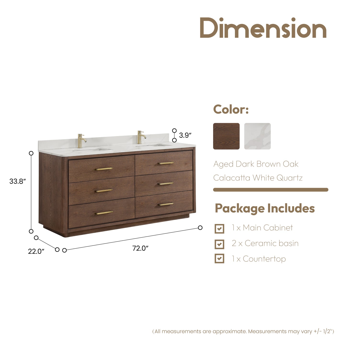 Vinnova, Porto 72" Free-standing Double Bath Vanity in Aged Dark Brown Oak with Fish Maw White Quartz Stone Top