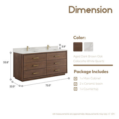 Vinnova, Porto 72" Free-standing Double Bath Vanity in Aged Dark Brown Oak with Fish Maw White Quartz Stone Top
