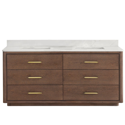 Vinnova, Porto 72" Free-standing Double Bath Vanity in Aged Dark Brown Oak with Fish Maw White Quartz Stone Top
